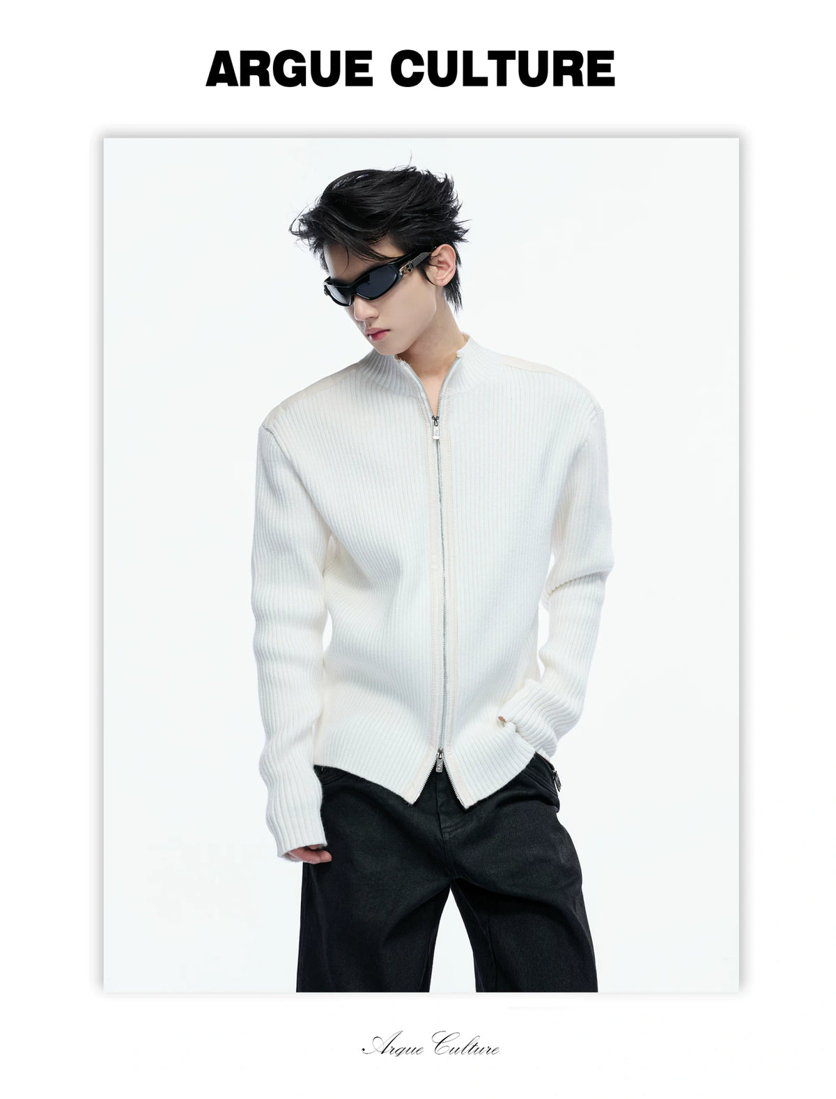 Ribbed Mock-Neck Knit Cardigan With Leather Shoulders - detail image 25