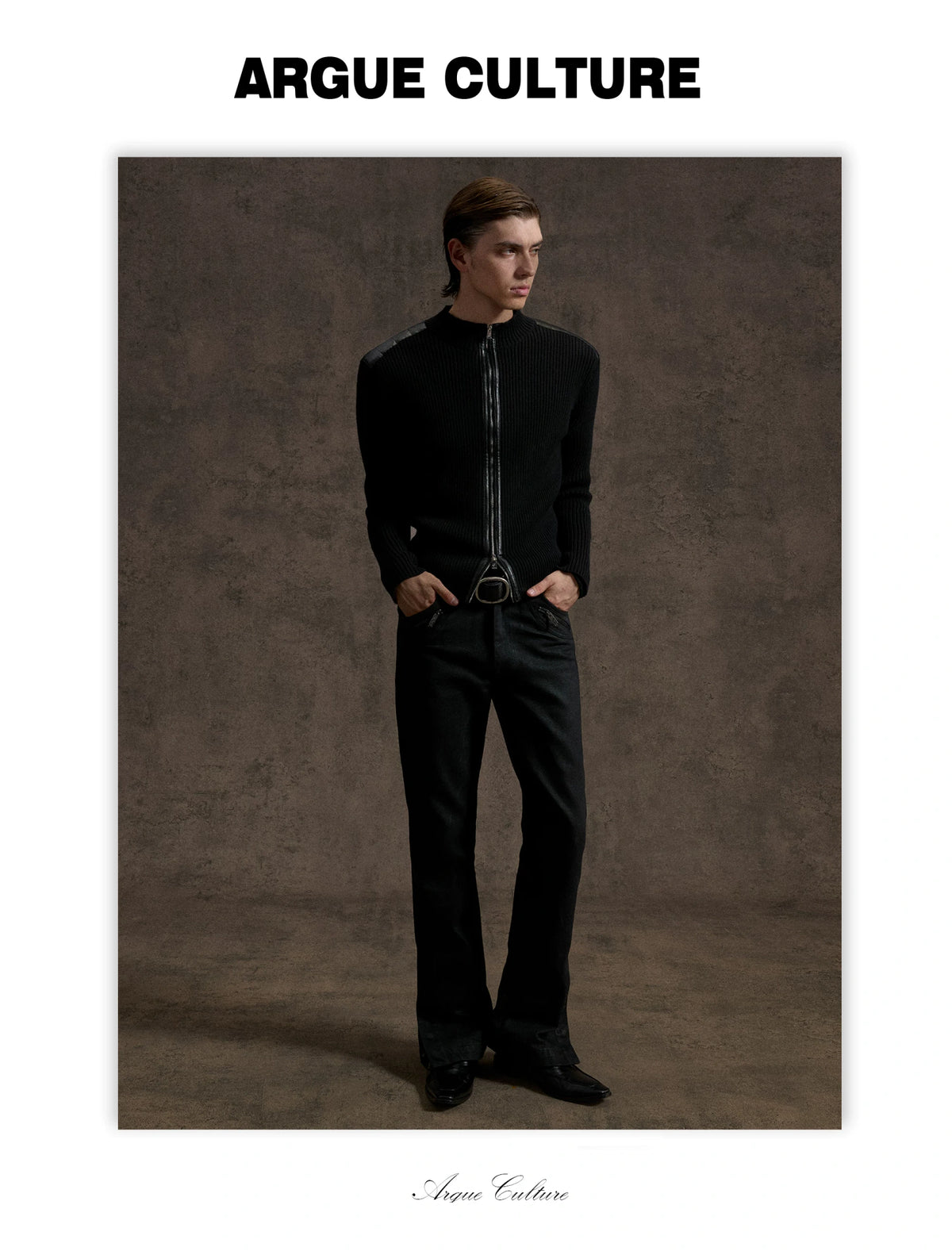 Ribbed Mock-Neck Knit Cardigan With Leather Shoulders - detail image 11