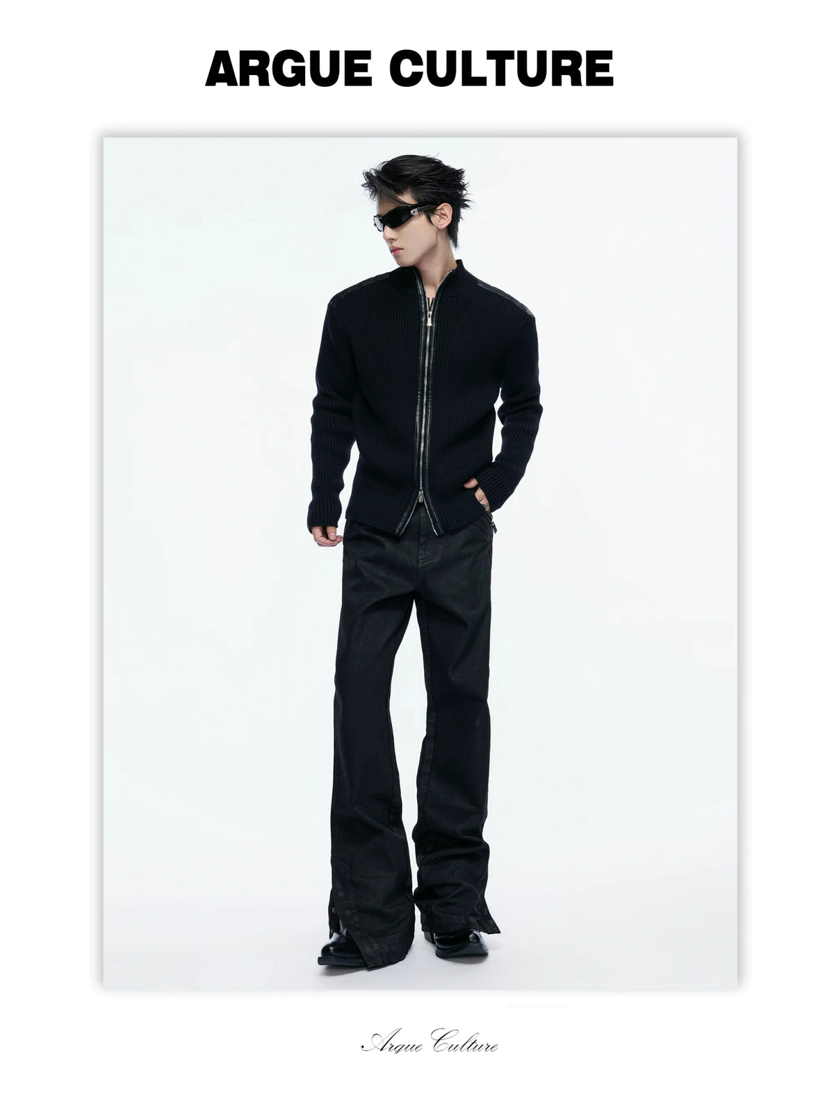 Ribbed Mock-Neck Knit Cardigan With Leather Shoulders - detail image 22