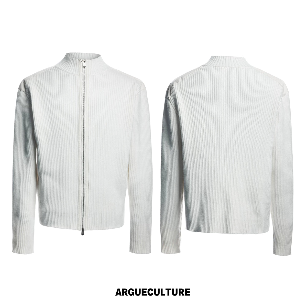 Ribbed Mock-Neck Knit Cardigan With Leather Shoulders - White