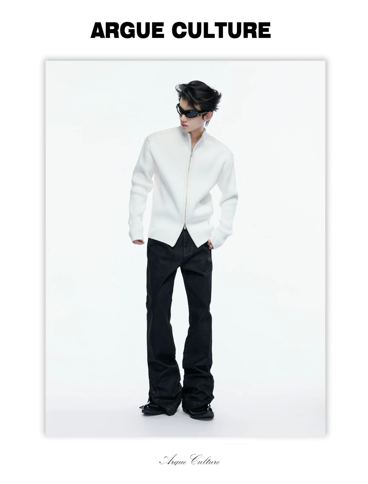 Ribbed Mock-Neck Knit Cardigan With Leather Shoulders - detail image 5