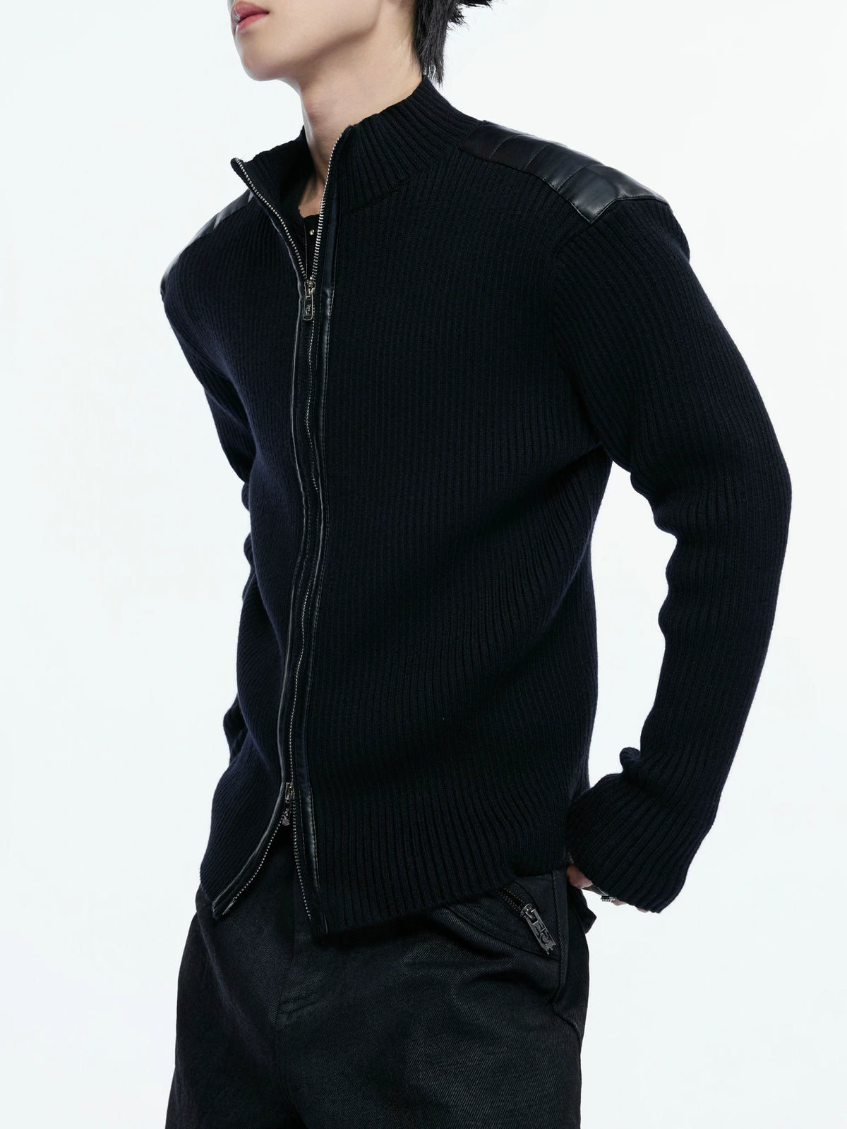 Ribbed Mock-Neck Knit Cardigan With Leather Shoulders - main image 1