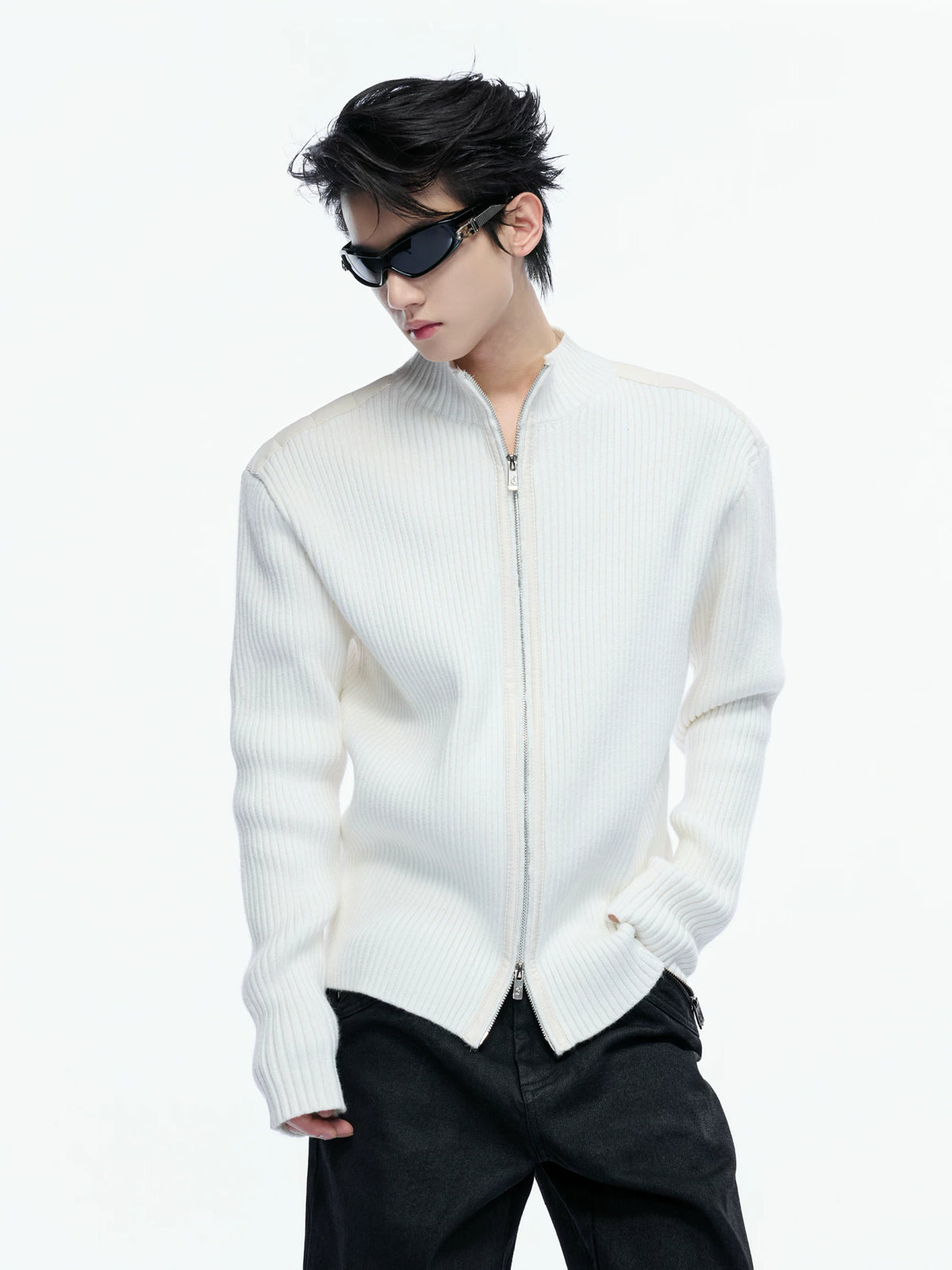 Ribbed Mock-Neck Knit Cardigan With Leather Shoulders - main image 3