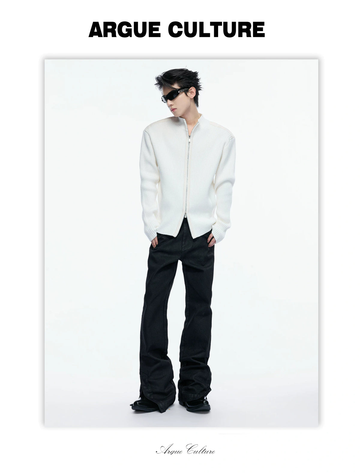 Ribbed Mock-Neck Knit Cardigan With Leather Shoulders - detail image 6