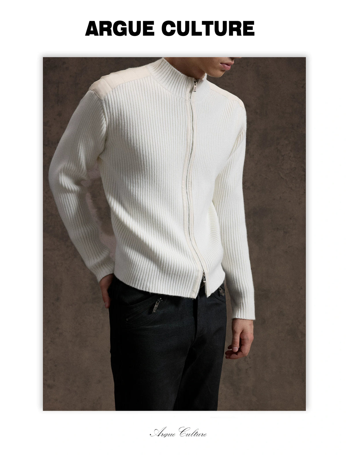 Ribbed Mock-Neck Knit Cardigan With Leather Shoulders - detail image 17