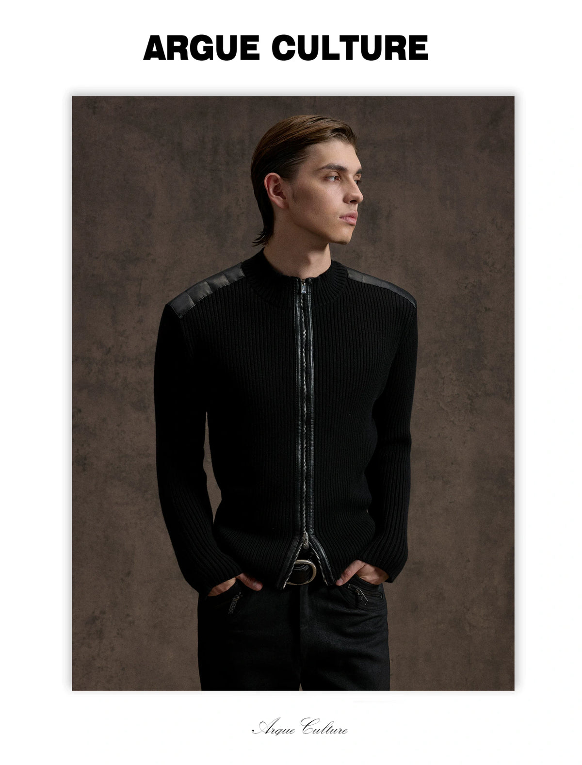 Ribbed Mock-Neck Knit Cardigan With Leather Shoulders - detail image 7