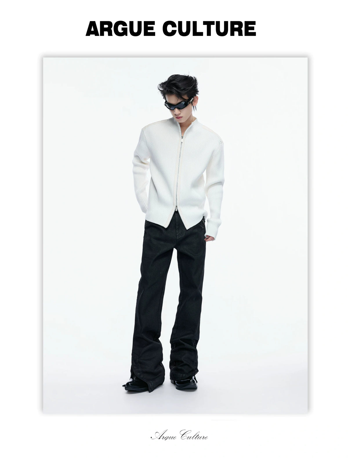 Ribbed Mock-Neck Knit Cardigan With Leather Shoulders - detail image 4