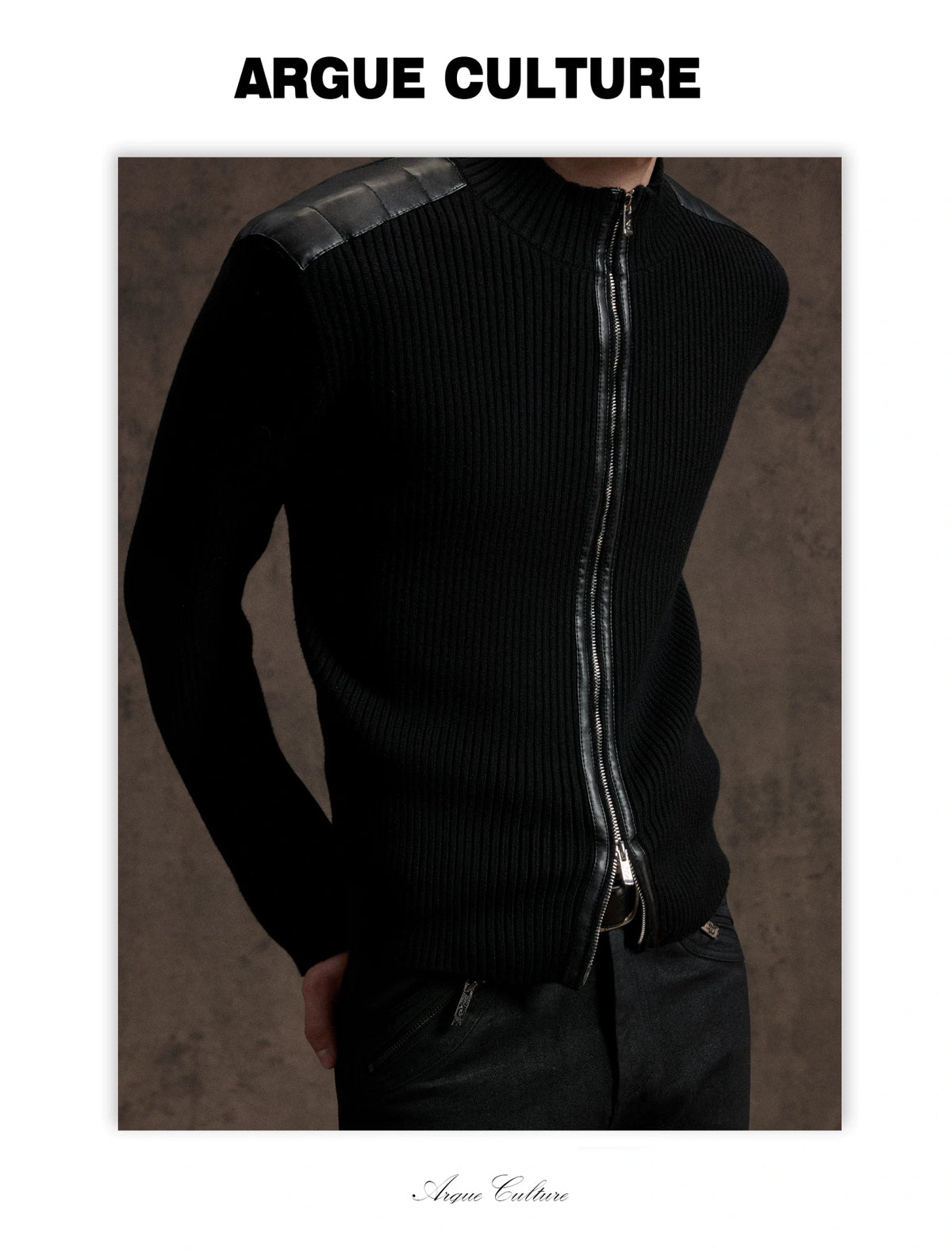 Ribbed Mock-Neck Knit Cardigan With Leather Shoulders - detail image 8