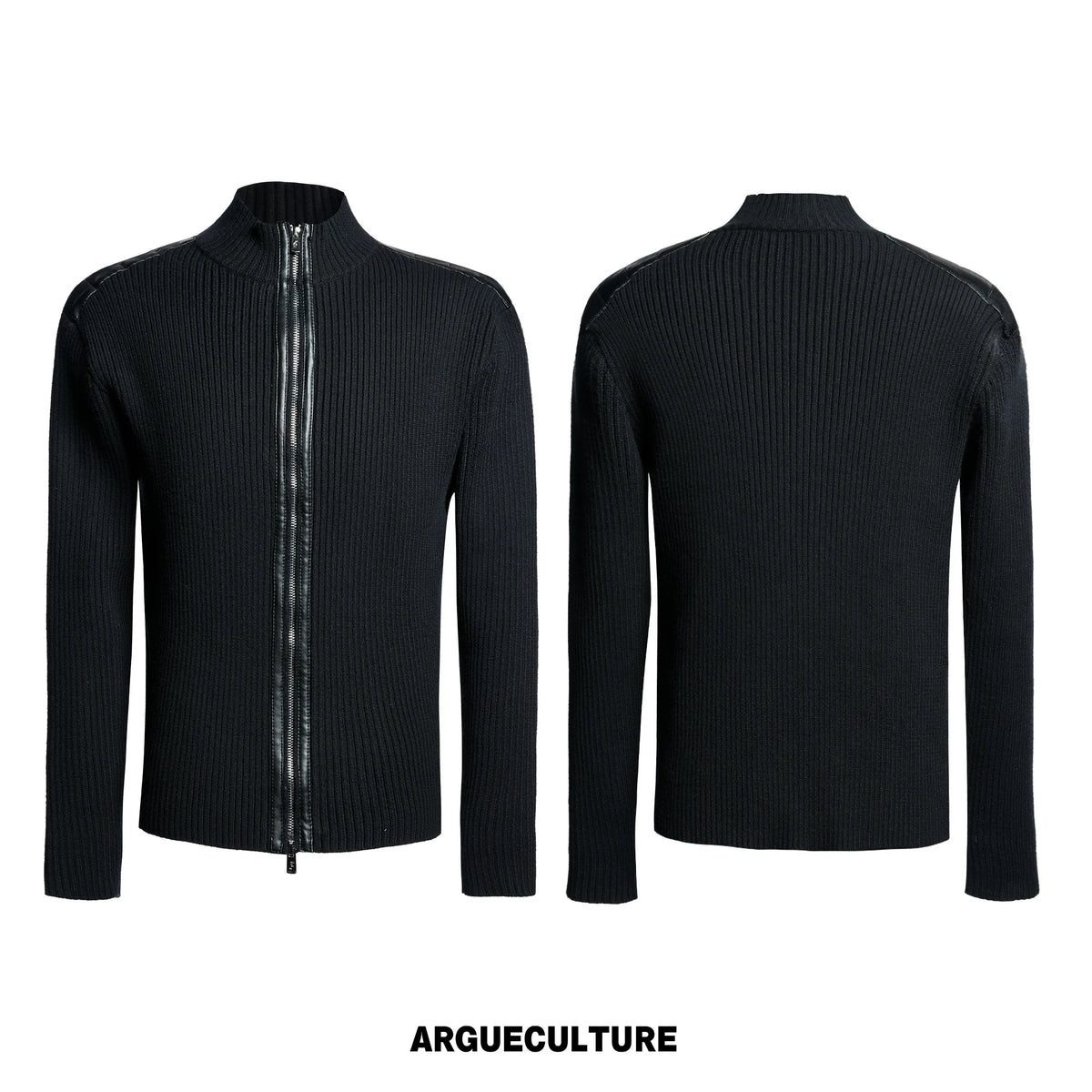 Ribbed Mock-Neck Knit Cardigan With Leather Shoulders - Black