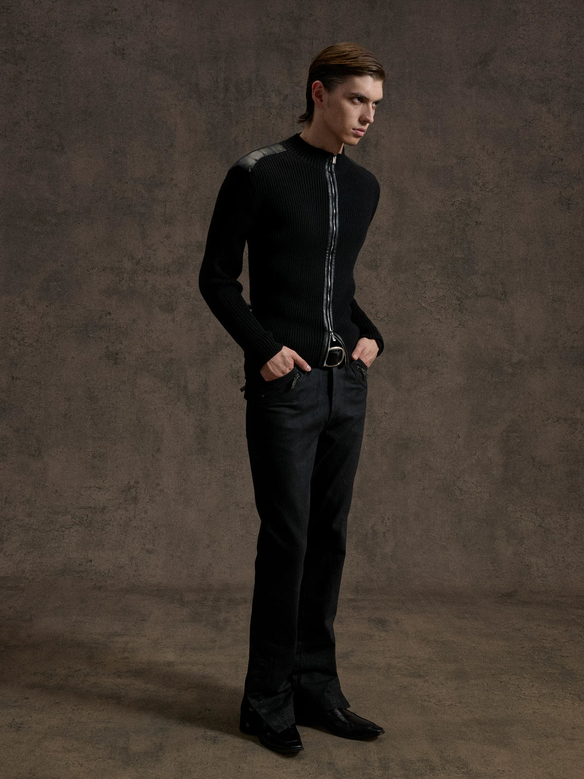 Ribbed Mock-Neck Knit Cardigan With Leather Shoulders - main image 2