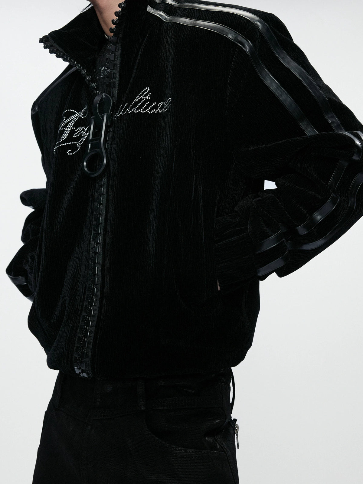Ripple Velvet Stand-Collar Jacket With PU Trim | Black - main image 2