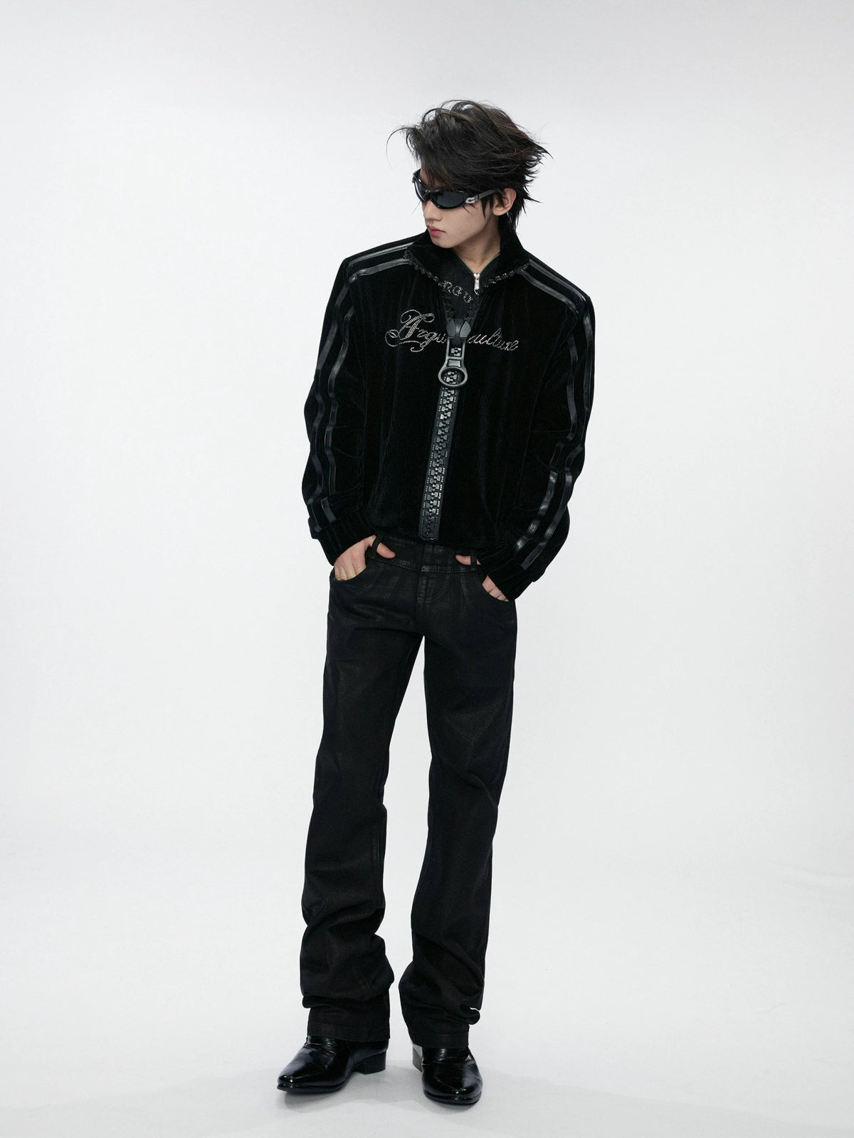 Ripple Velvet Stand-Collar Jacket With PU Trim | Black - main image 3