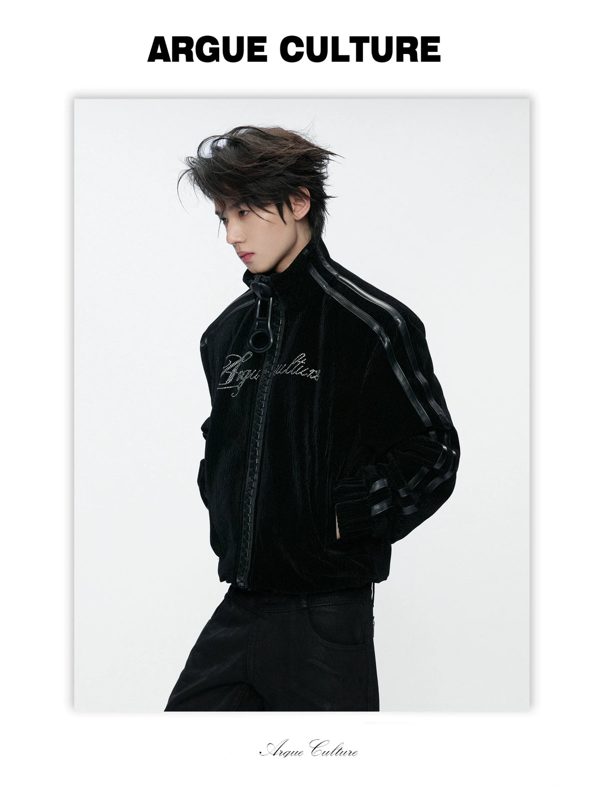 Ripple Velvet Stand-Collar Jacket With PU Trim | Black - detail image 9