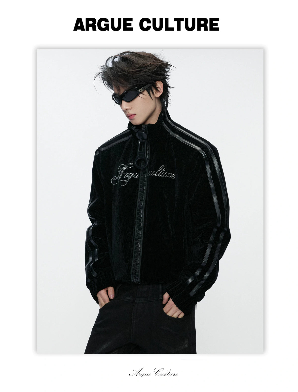 Ripple Velvet Stand-Collar Jacket With PU Trim | Black - detail image 10