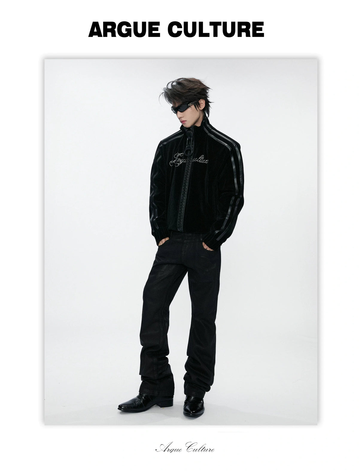 Ripple Velvet Stand-Collar Jacket With PU Trim | Black - detail image 4