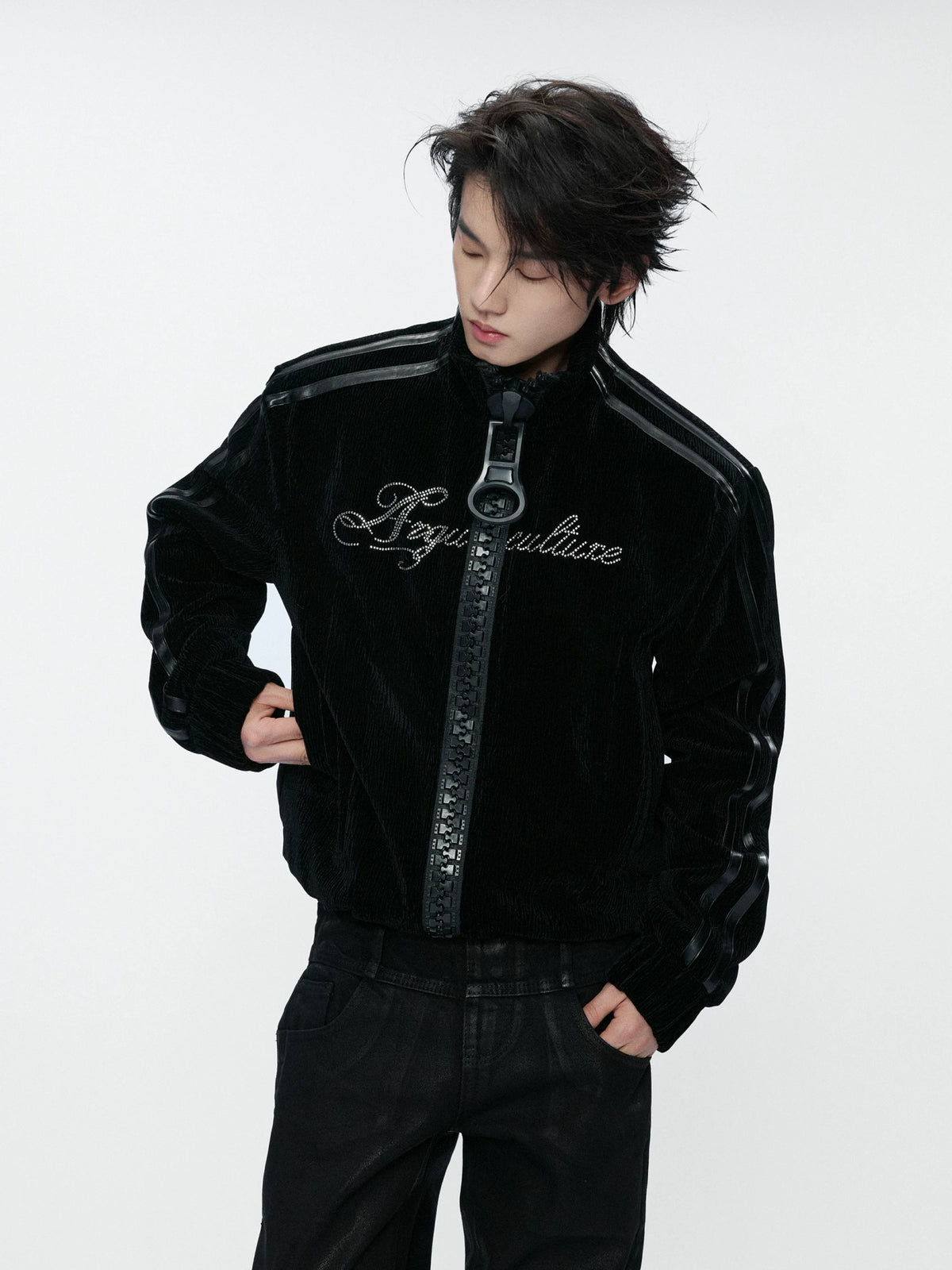 Ripple Velvet Stand-Collar Jacket With PU Trim | Black - main image 4