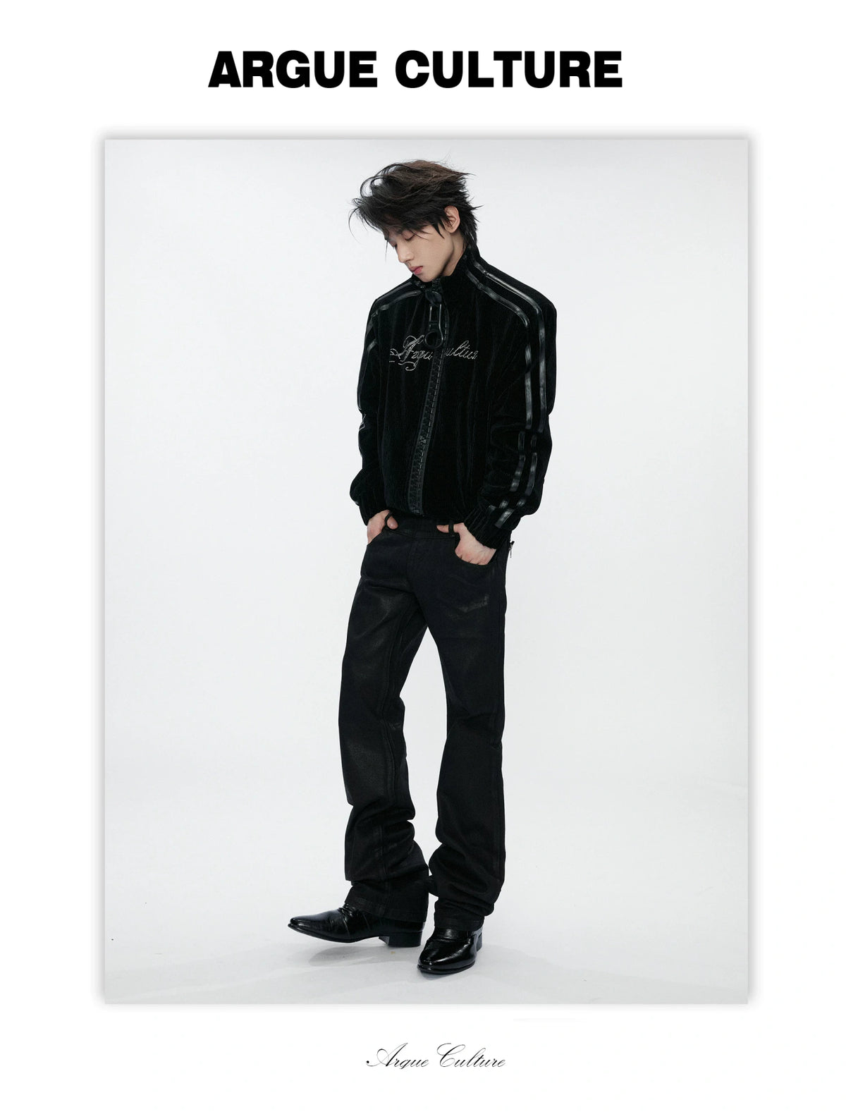 Ripple Velvet Stand-Collar Jacket With PU Trim | Black - detail image 5