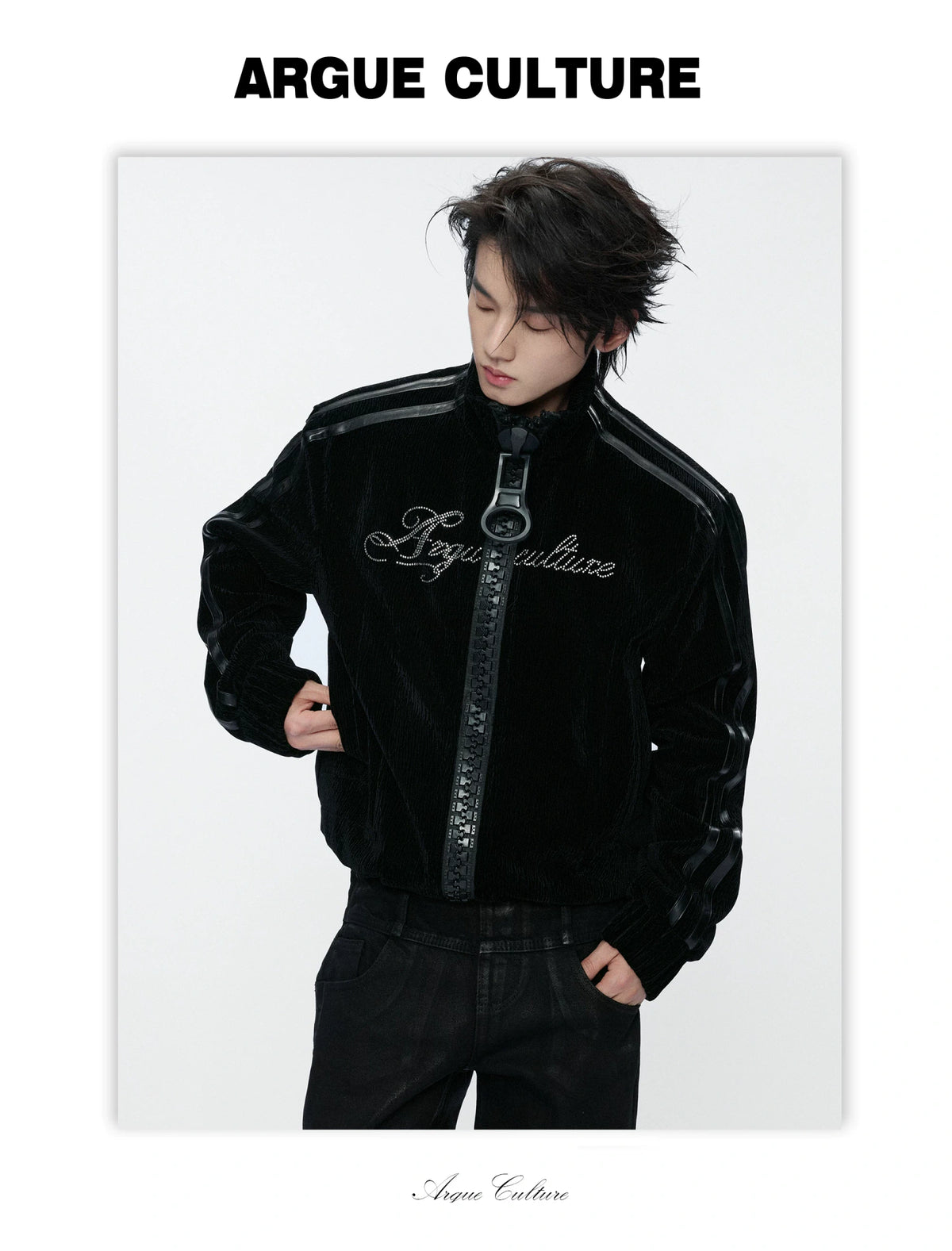Ripple Velvet Stand-Collar Jacket With PU Trim | Black - detail image 8
