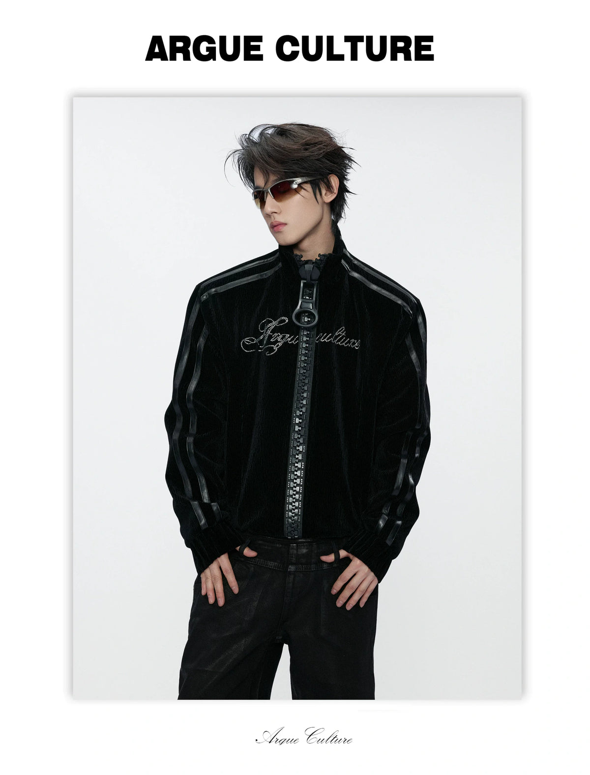 Ripple Velvet Stand-Collar Jacket With PU Trim | Black - detail image 2