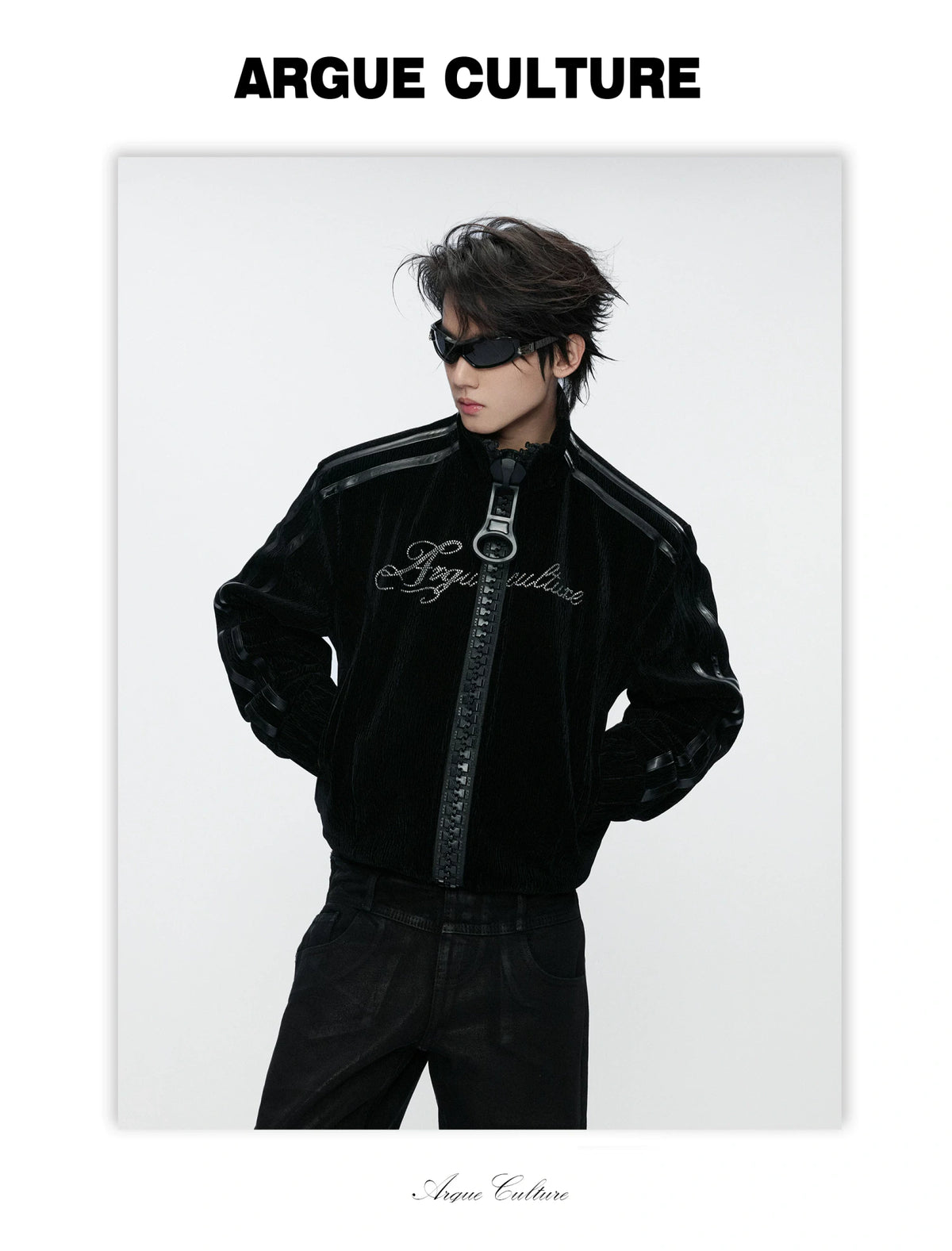 Ripple Velvet Stand-Collar Jacket With PU Trim | Black - detail image 3