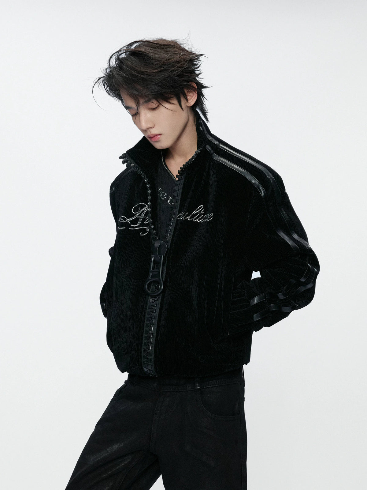 Ripple Velvet Stand-Collar Jacket With PU Trim | Black - main image 1