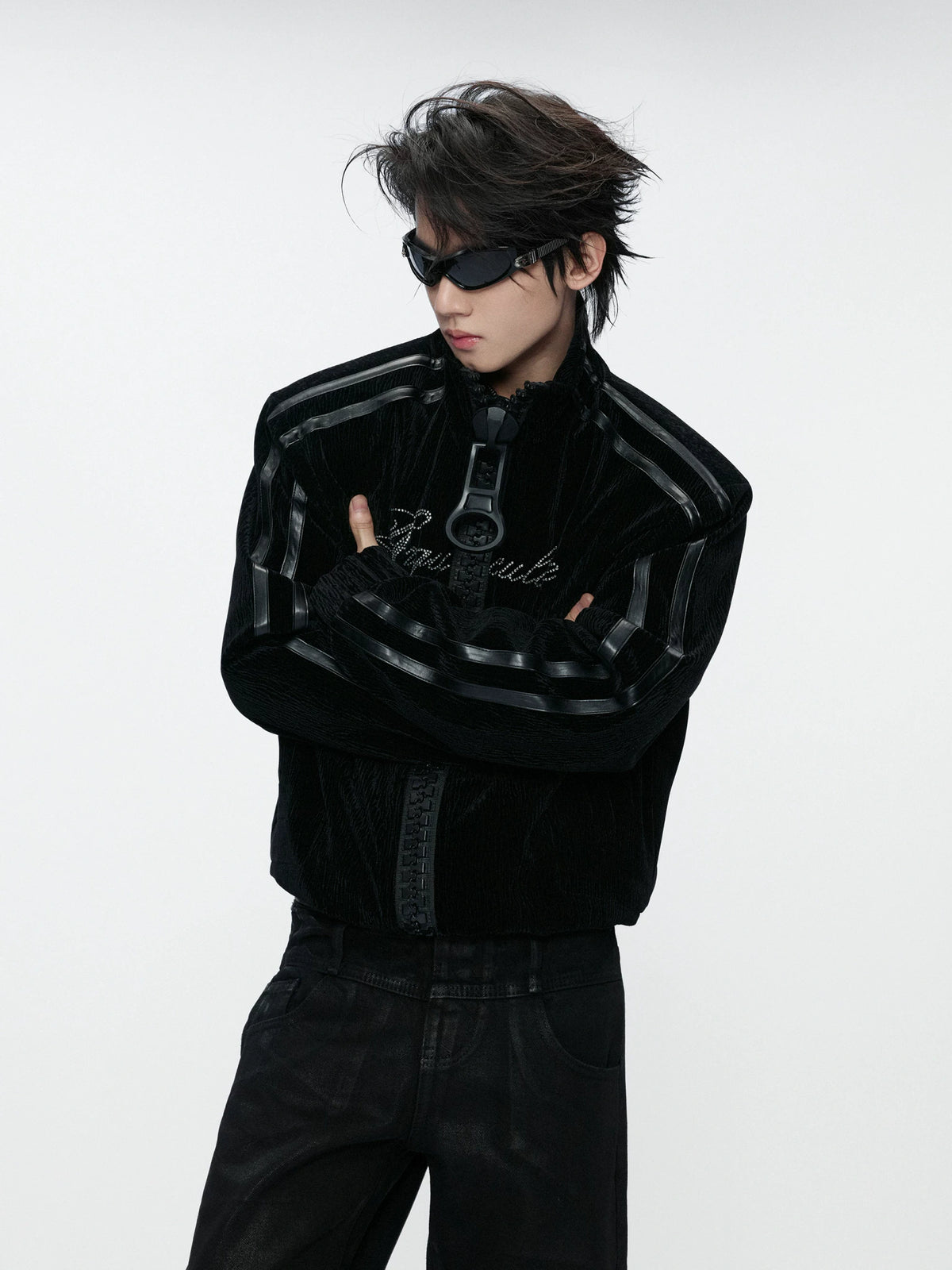 Ripple Velvet Stand-Collar Jacket With PU Trim | Black - main image 5