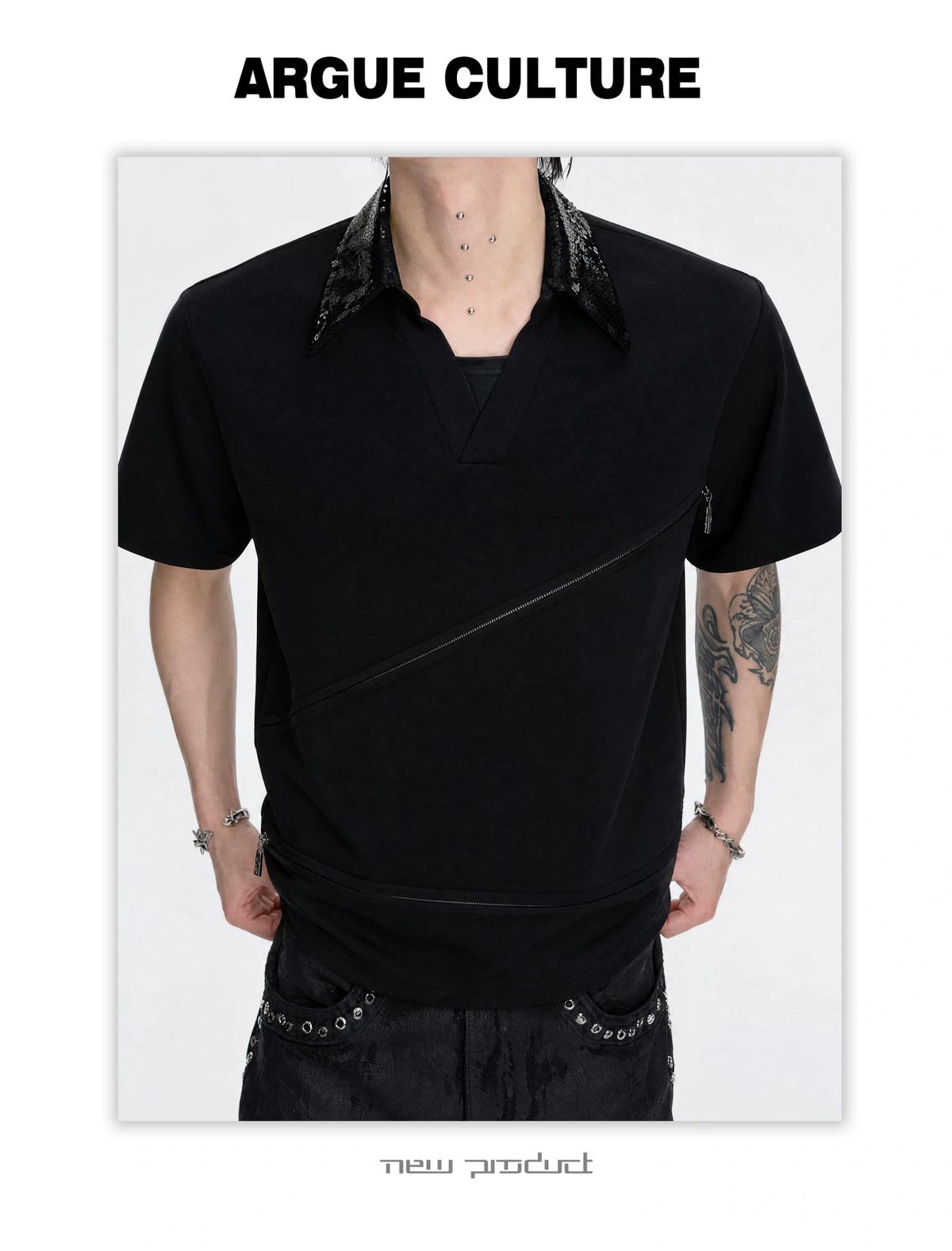 Sequin Collar Asymmetric Zip Polo Shirt in Cotton Modal - detail image 3