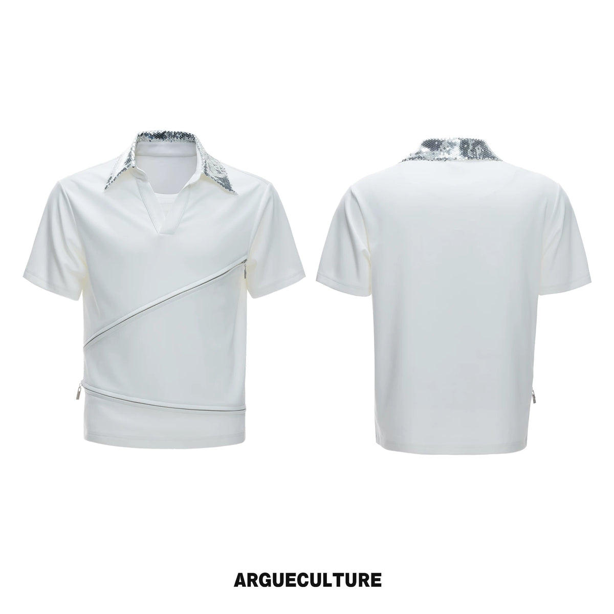 Sequin Collar Asymmetric Zip Polo Shirt in Cotton Modal - White