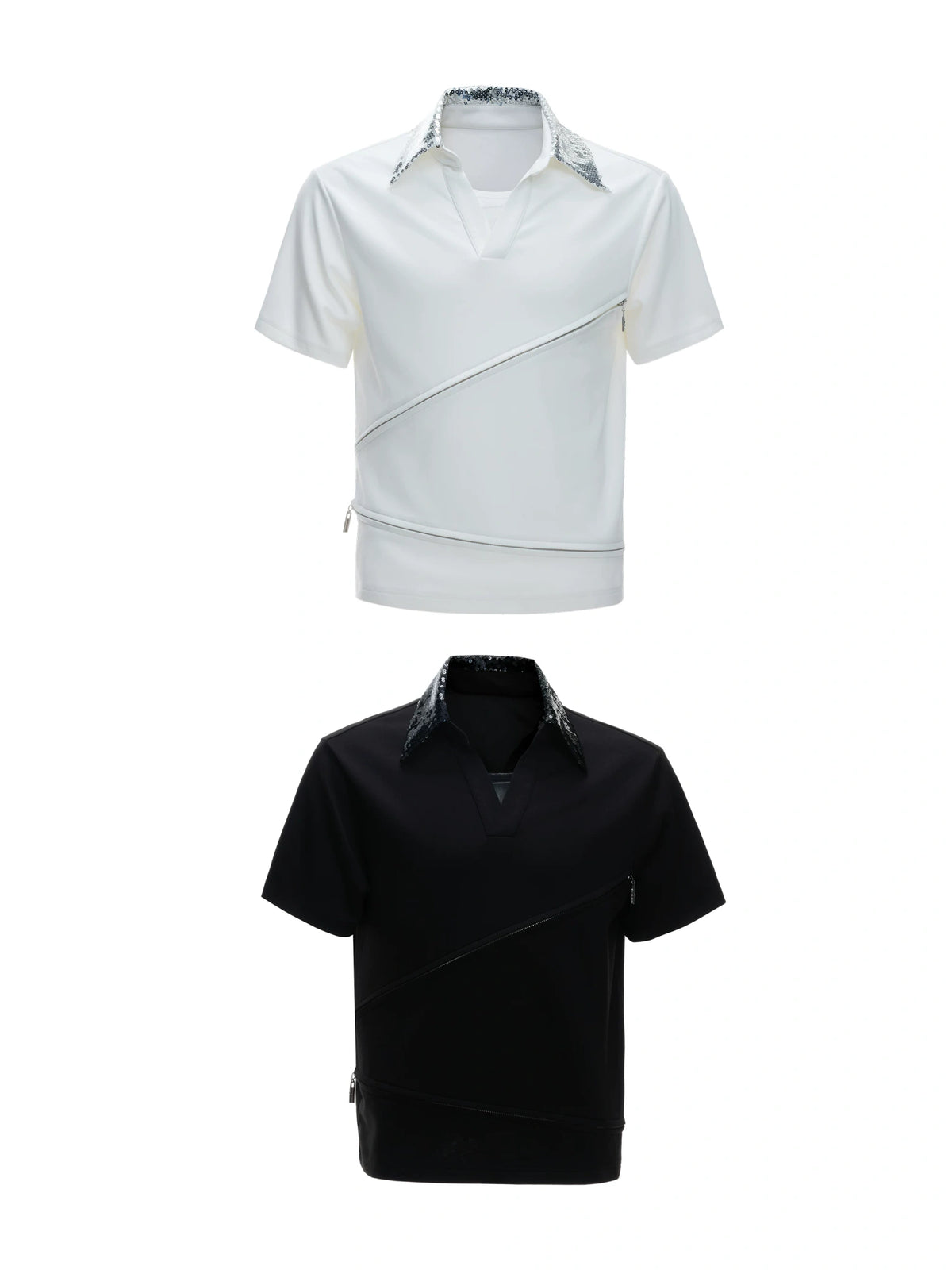 Sequin Collar Asymmetric Zip Polo Shirt in Cotton Modal - main image 4