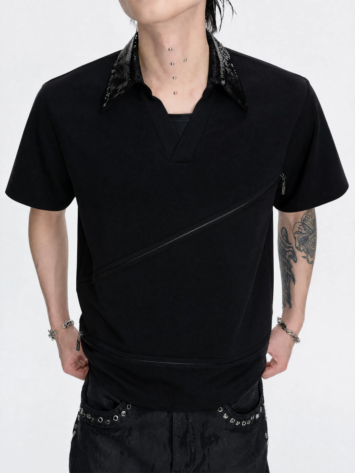Sequin Collar Asymmetric Zip Polo Shirt in Cotton Modal - main image 2