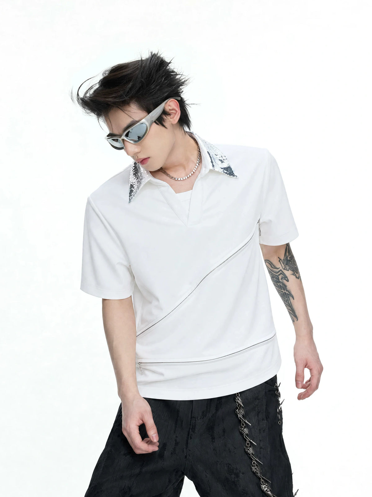 Sequin Collar Asymmetric Zip Polo Shirt in Cotton Modal - main image 3