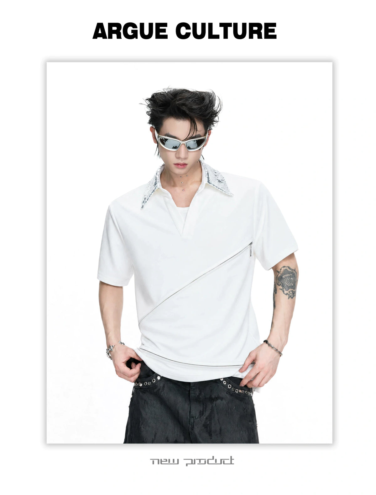 Sequin Collar Asymmetric Zip Polo Shirt in Cotton Modal - detail image 4