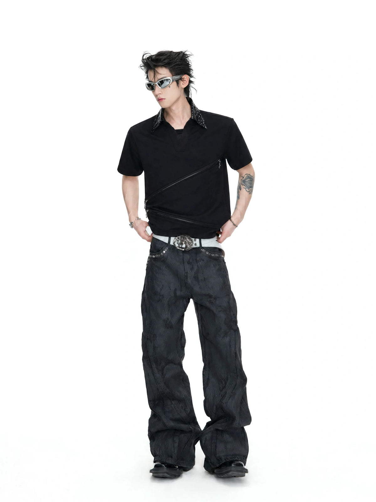 Sequin Collar Asymmetric Zip Polo Shirt in Cotton Modal - main image 5