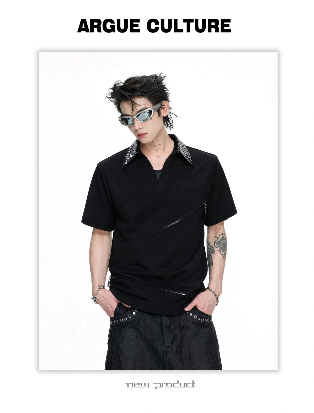 Sequin Collar Asymmetric Zip Polo Shirt in Cotton Modal - detail image 6