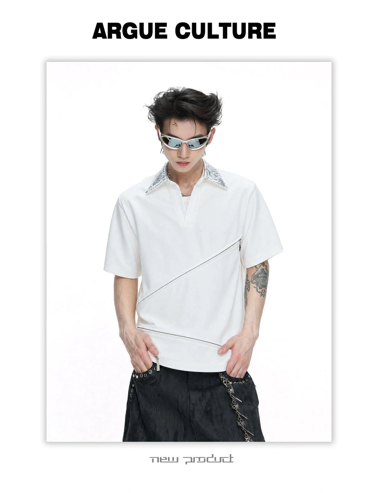 Sequin Collar Asymmetric Zip Polo Shirt in Cotton Modal - detail image 5