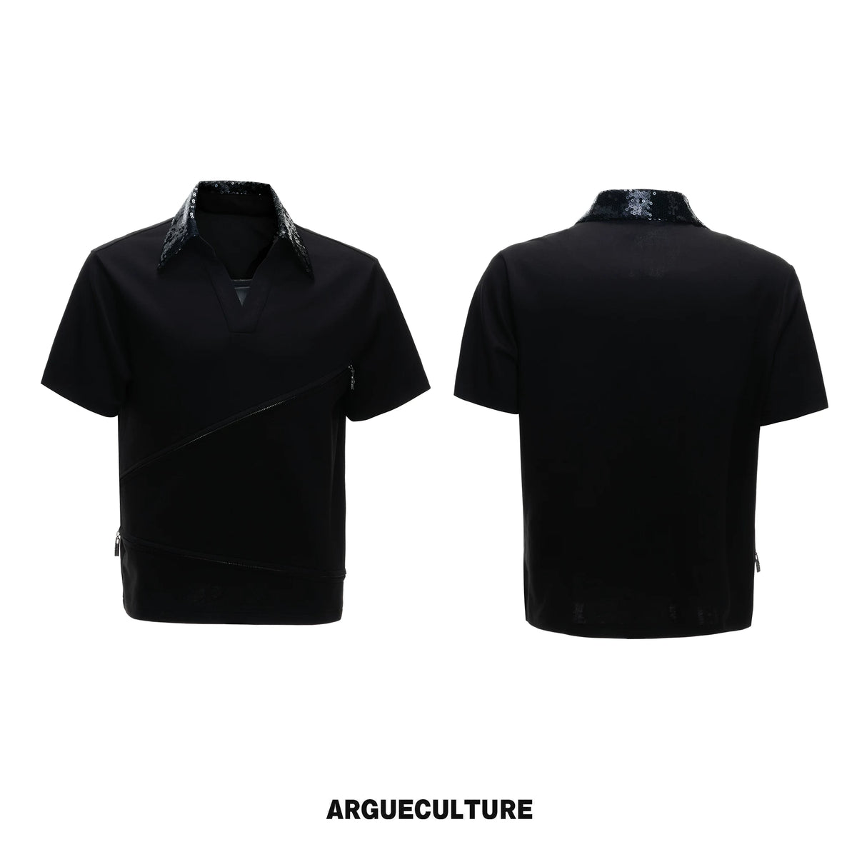 Sequin Collar Asymmetric Zip Polo Shirt in Cotton Modal - Black