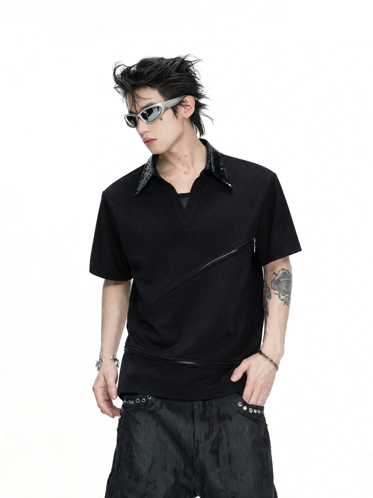 Sequin Collar Asymmetric Zip Polo Shirt in Cotton Modal - main image 1