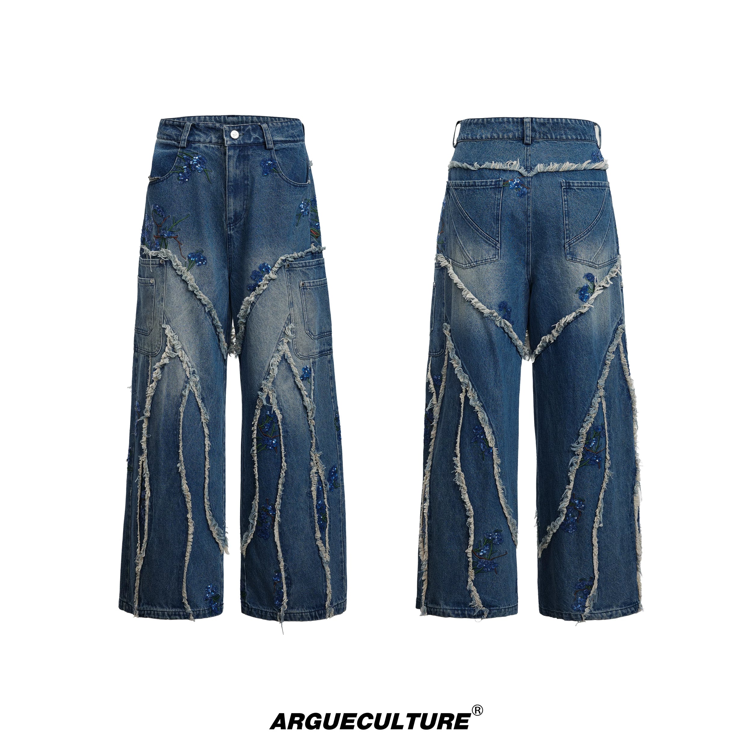 sequin-distressed-wide-leg-baggy-jeans-blue