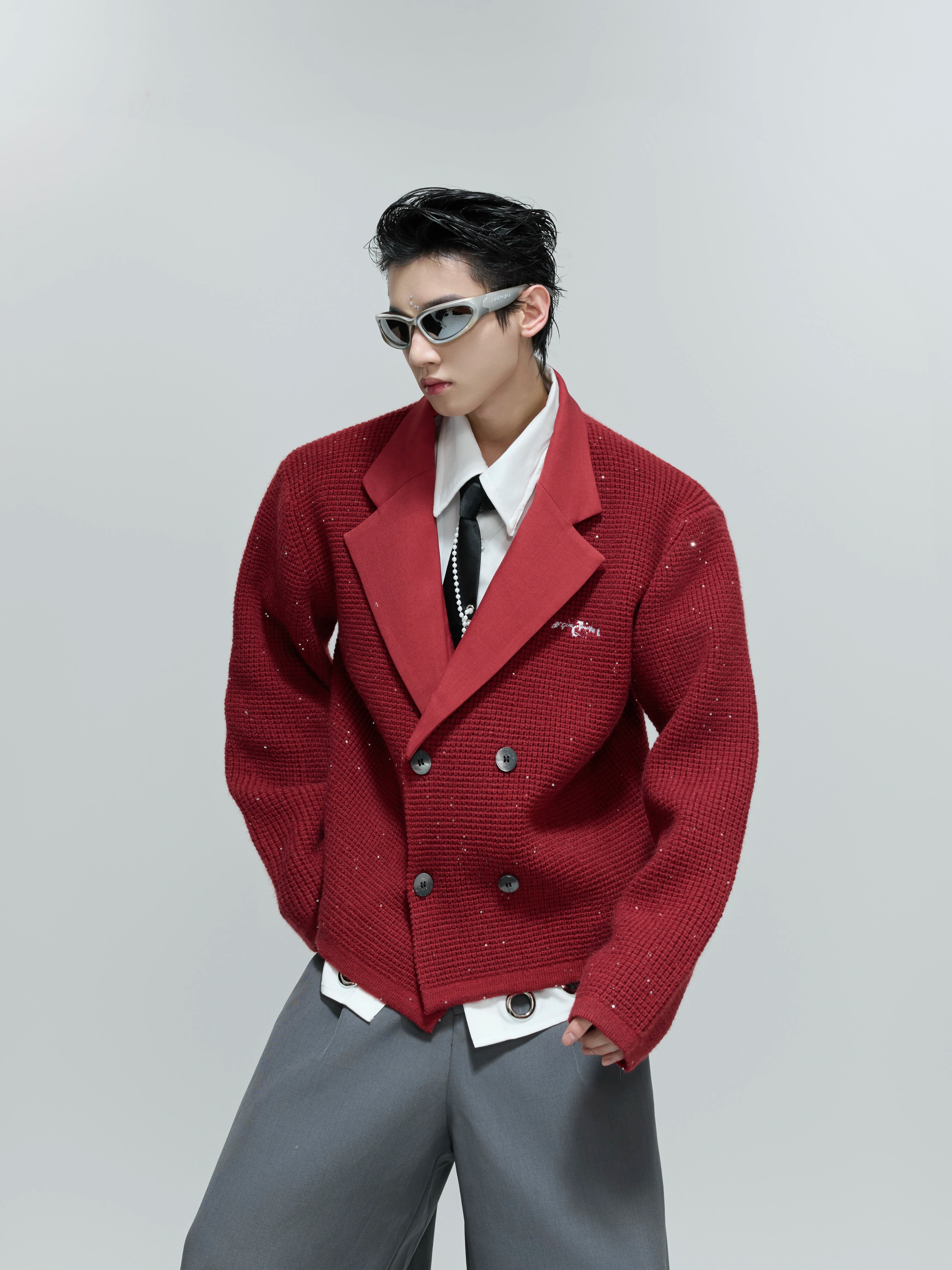 sequin-double-breasted-knit-blazer-cardigan-black