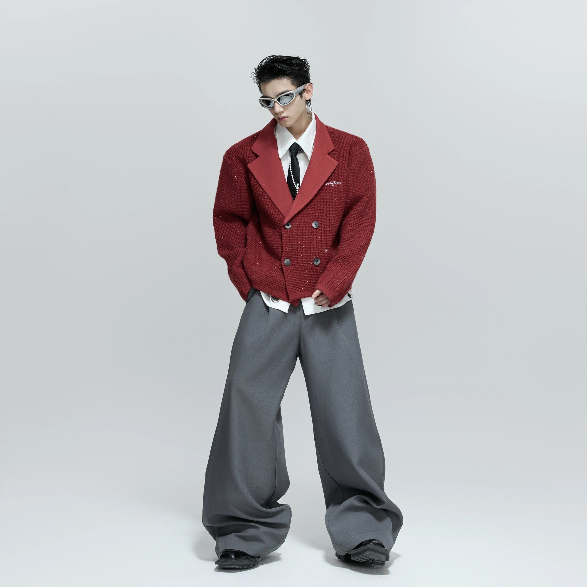 Back view of the oversized unisex knit blazer with premium stitching.