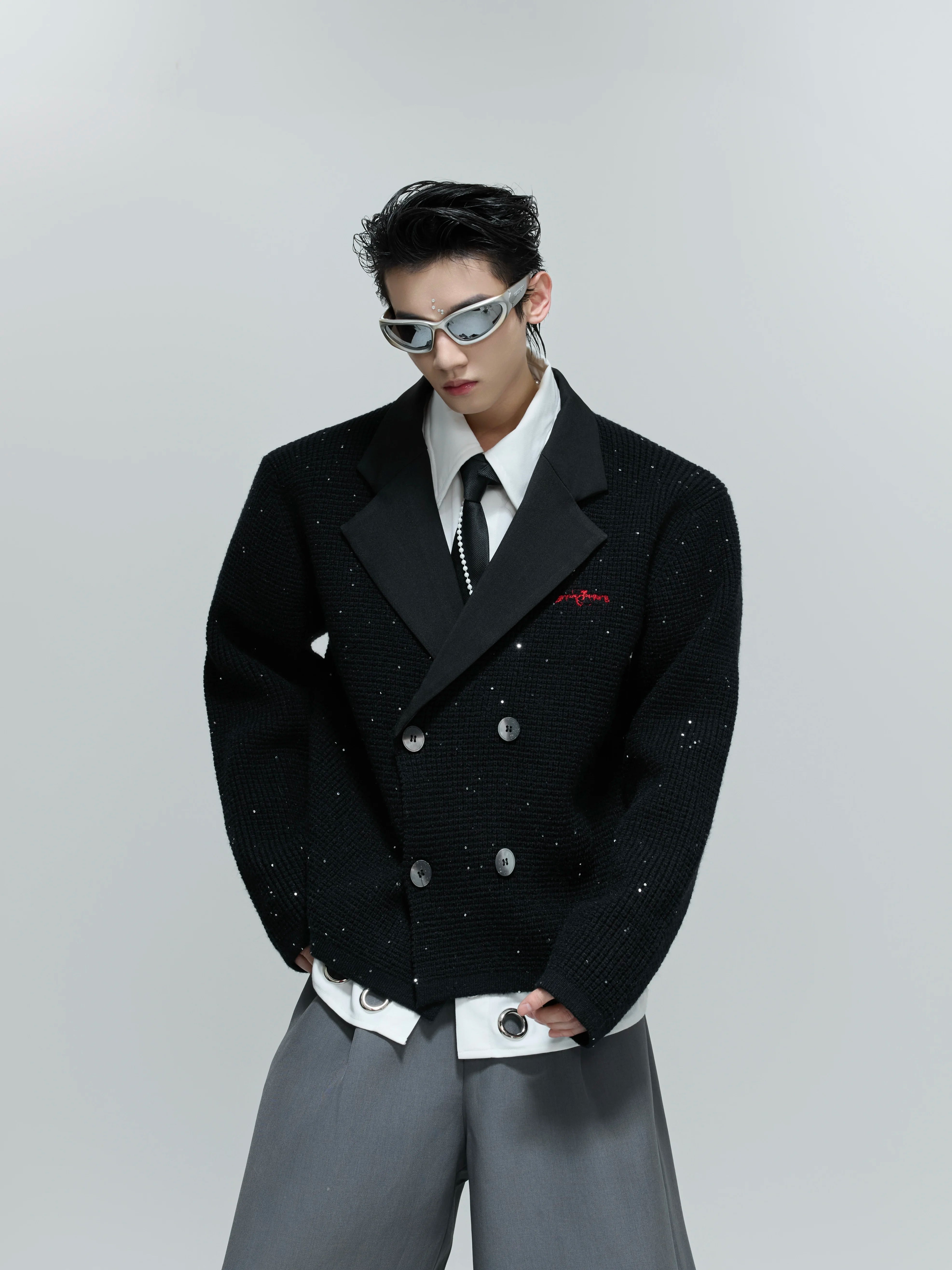 sequin-double-breasted-knit-blazer-cardigan-red