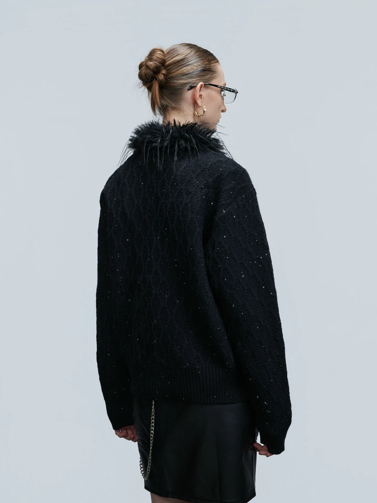 Sequin Knit Cardigan with Plush Collar in Black or White - main image 2
