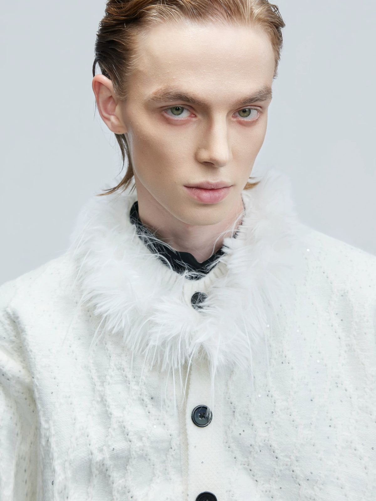 Sequin Knit Cardigan with Plush Collar in Black or White - main image 3