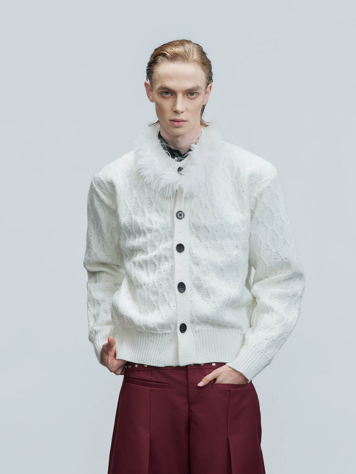 Sequin Knit Cardigan with Plush Collar in Black or White - main image 1