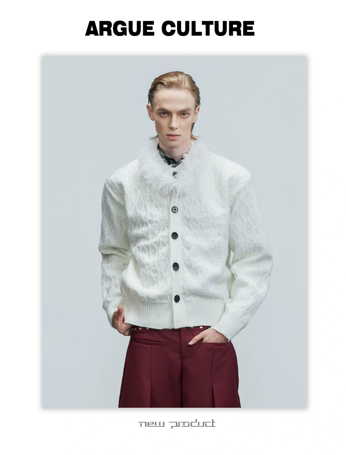 Sequin Knit Cardigan with Plush Collar in Black or White - detail image 3