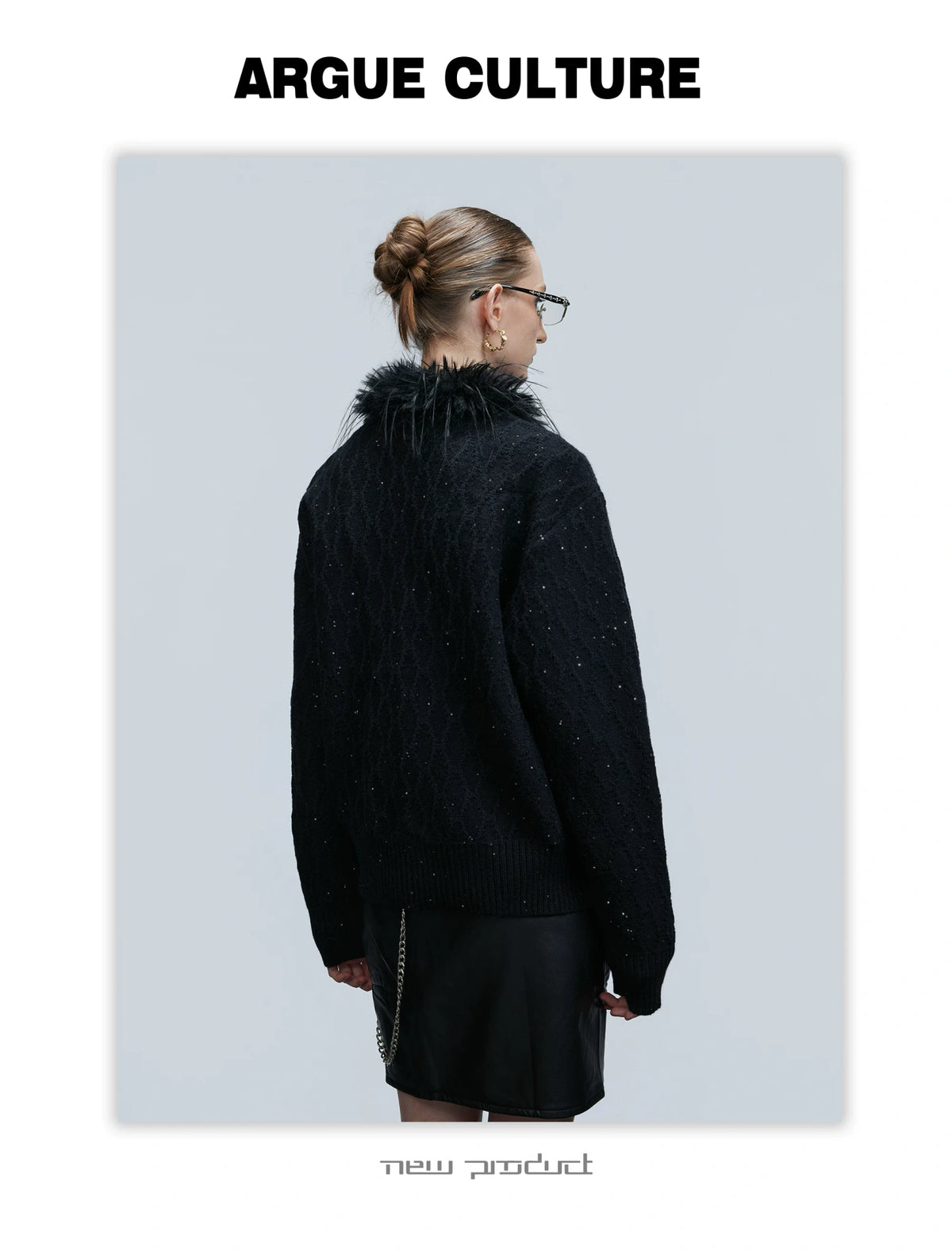 Sequin Knit Cardigan with Plush Collar in Black or White - detail image 8