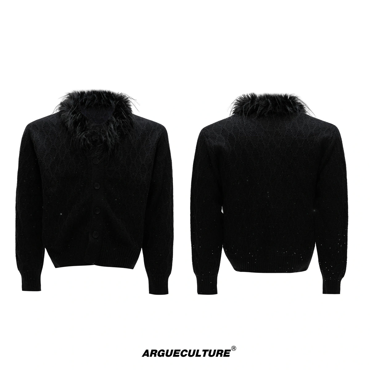 Sequin Knit Cardigan with Plush Collar in Black or White - Indigo Black