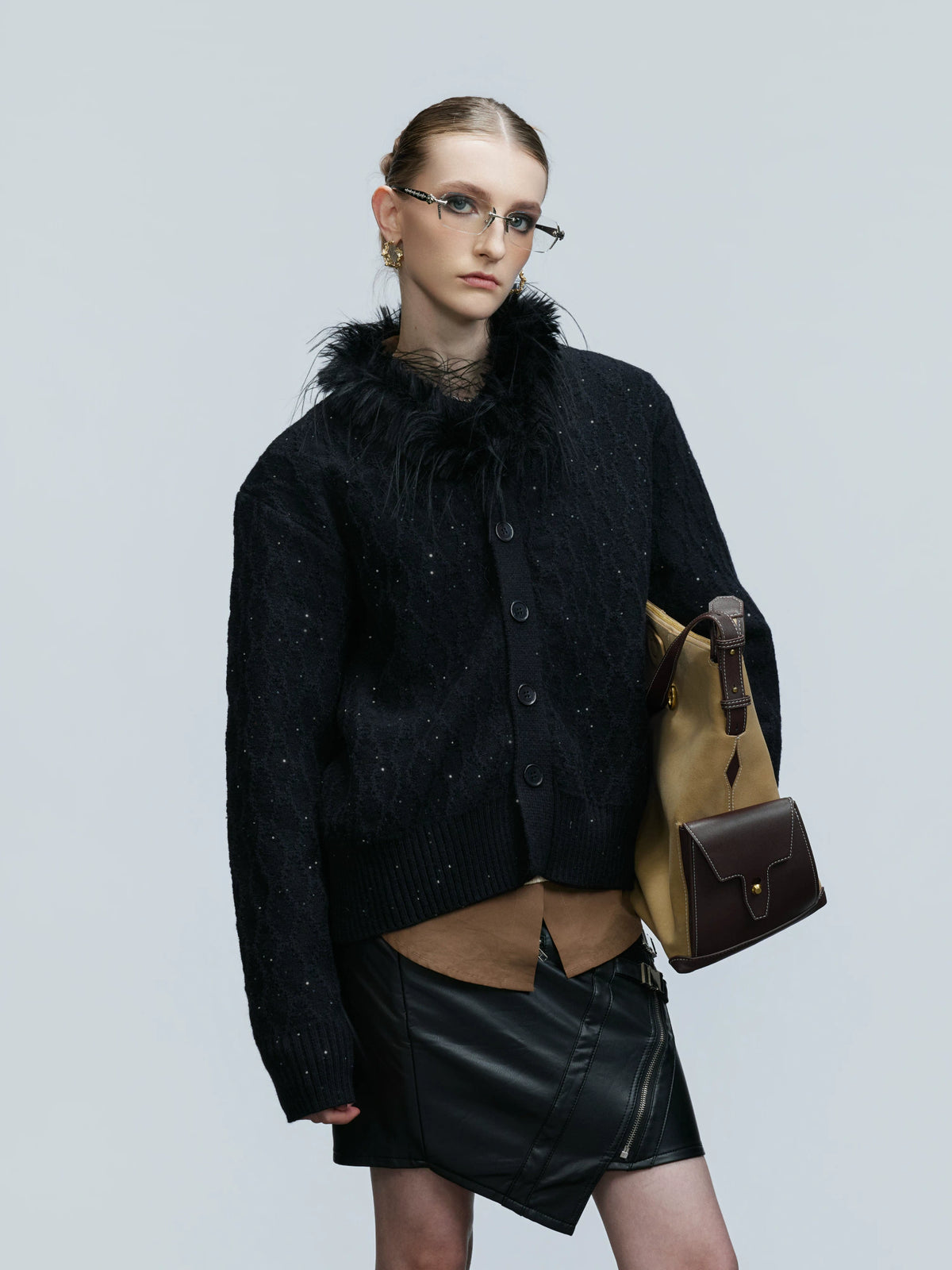 Sequin Knit Cardigan with Plush Collar in Black or White - main image 4