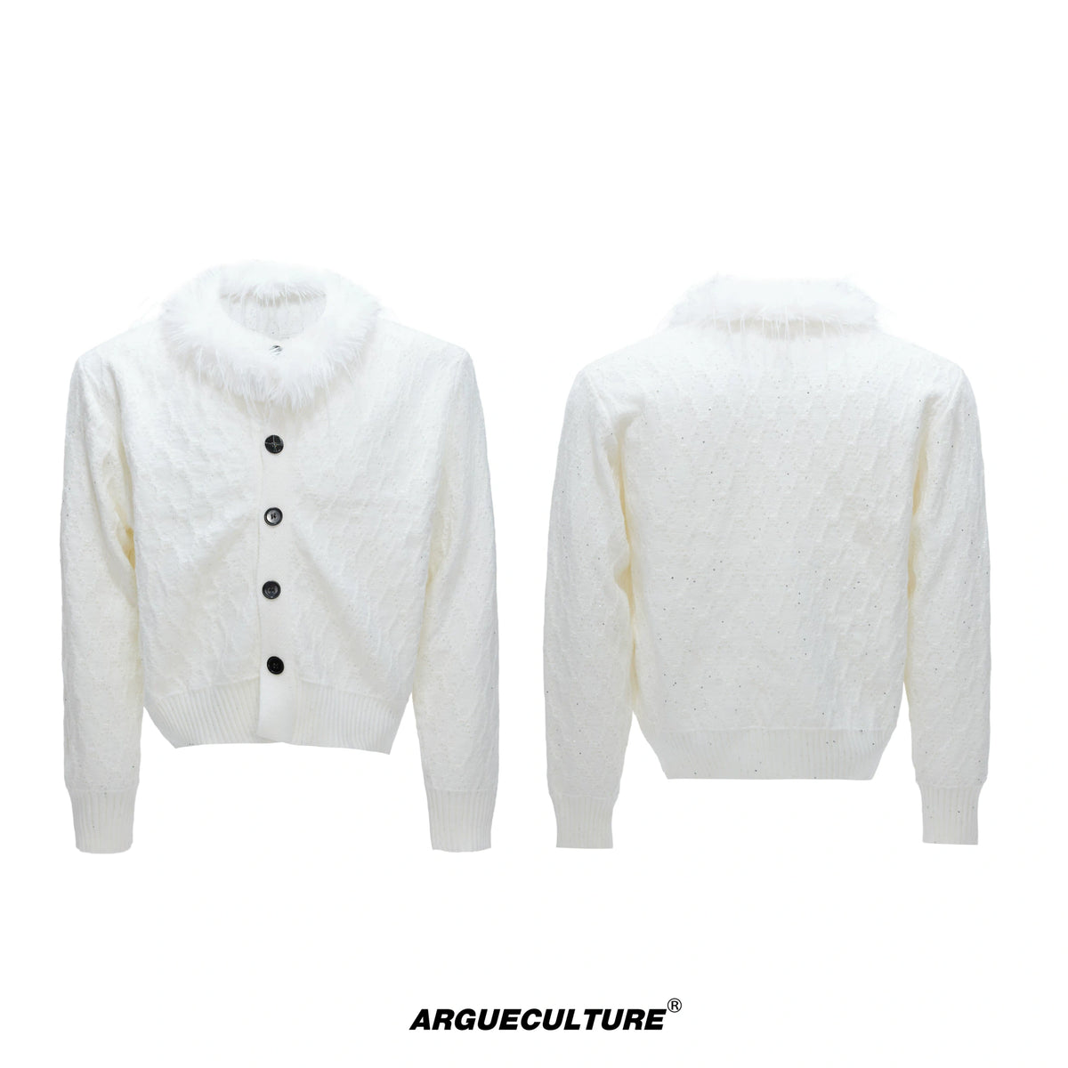 Sequin Knit Cardigan with Plush Collar in Black or White - Indigo White