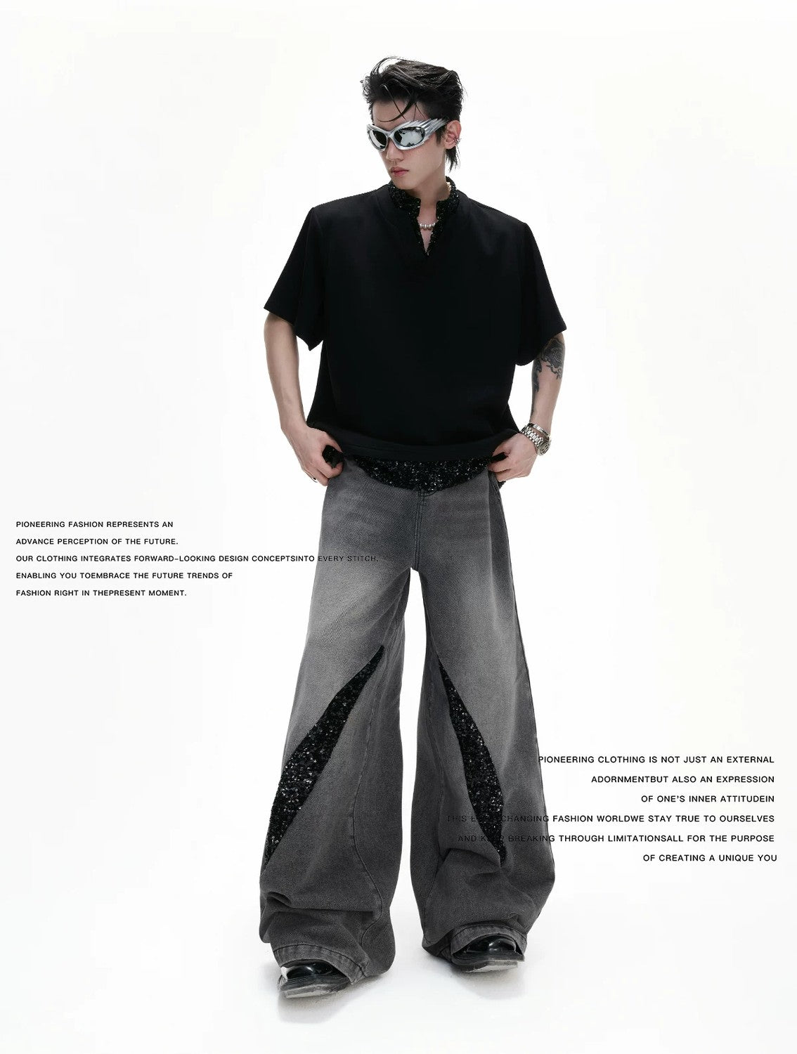 desc::sequin-patchwork-v-neck-streetwear-tee-heavyweight-fit-detail-img-2